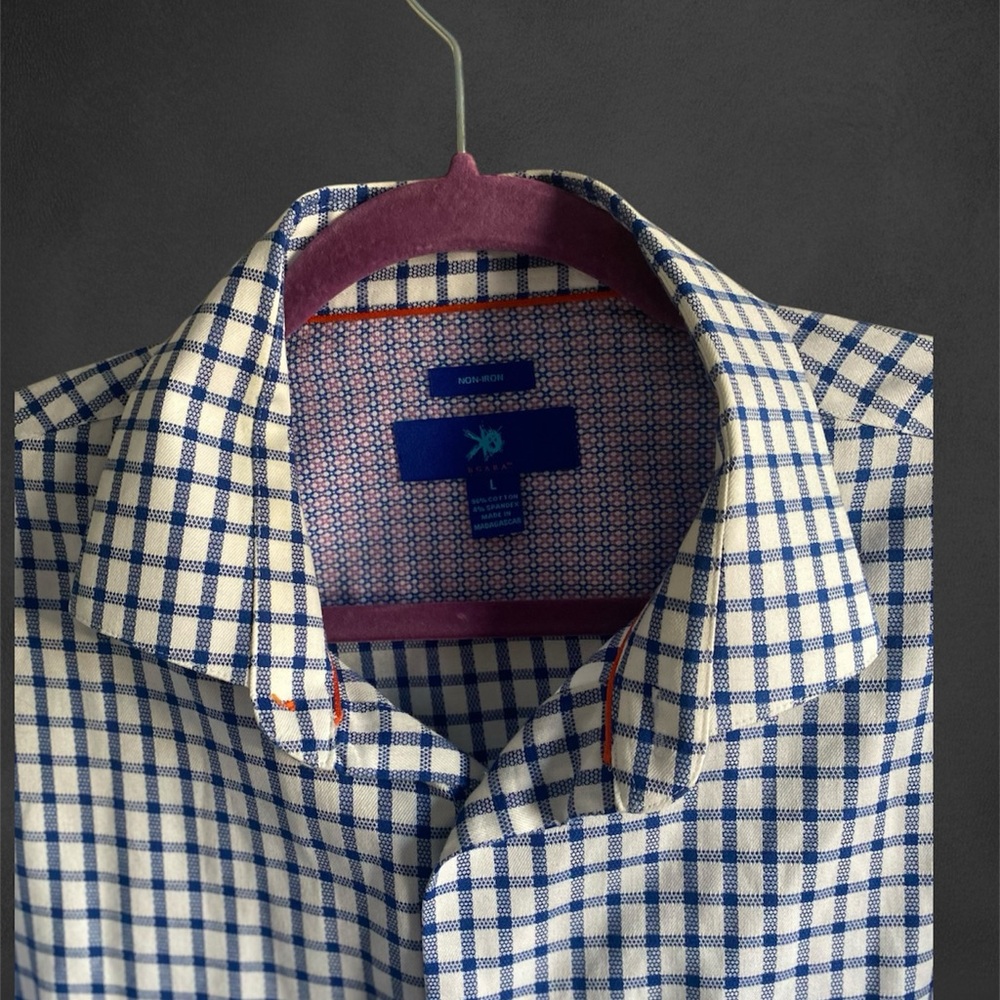 Egara Woven‎ Dress Shirt Men Large Blue Check Long Sleeve Non Iron Cotton Blend